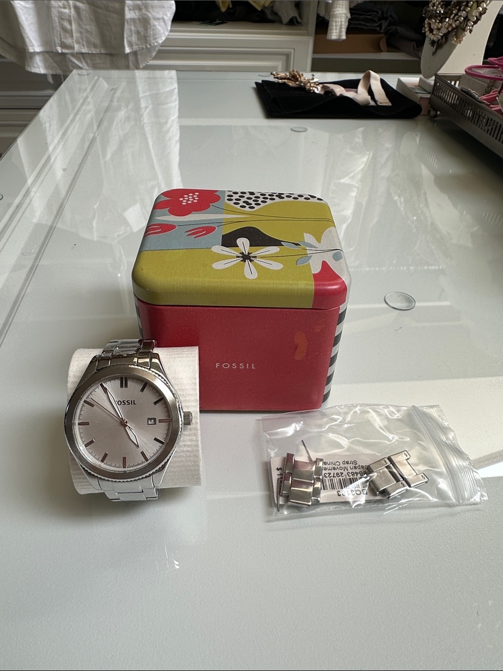 Fossil Silver Stainless Steel women's Watch with Floral Tin
